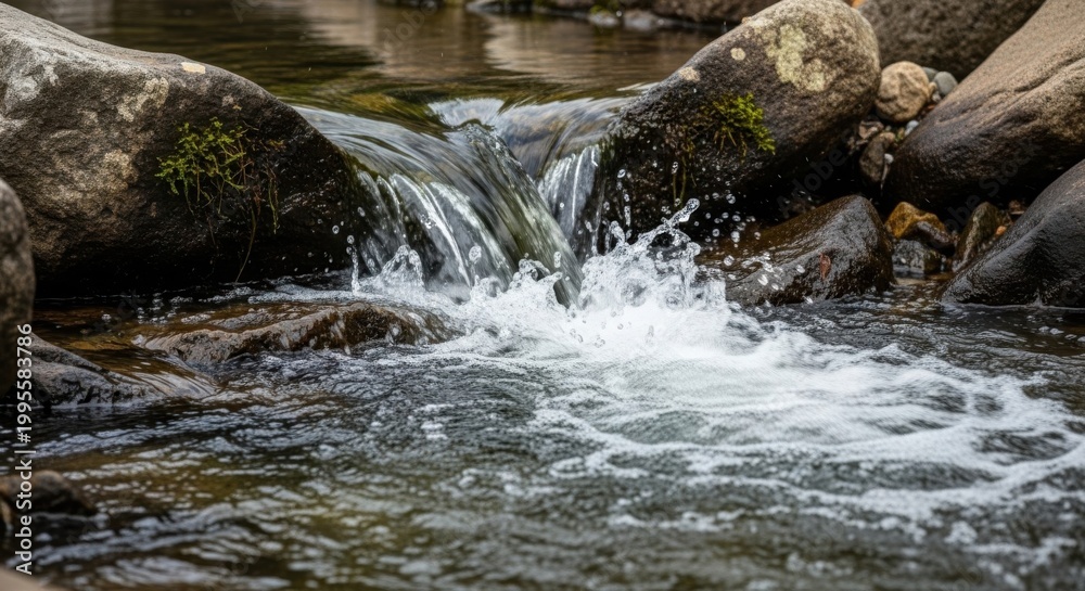 Fototapeta premium Dynamic Water Splash and Flow Over Rocks in a Natural Stream