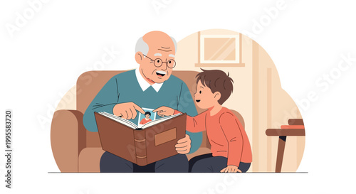 Grandfather showing old family photos in album to happy grandson on sofa