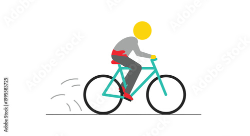 A minimalist illustration depicts a person riding a teal bicycle at speed leaving a trail