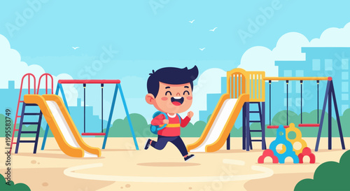 Happy boy running on playground, school, fun, outdoor activities, childhood, summer vacation