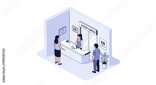 Hospital ER reception desk with patients and nurse, isometric view
