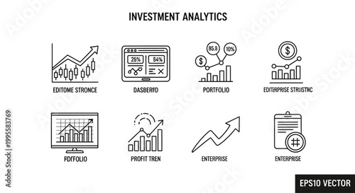Investment Analytics Icons: Growth, Portfolio, Data, Finance, Strategy, Analysis
