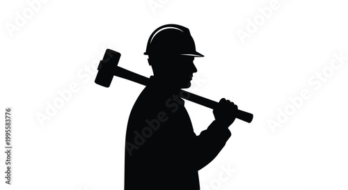 Silhouette of a construction worker carrying a sledgehammer over his shoulder against a white background