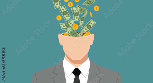 A faceless figure in a suit has money and coins erupting from the head opening
