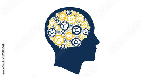 A conceptual illustration depicts a human head filled with interconnected gears symbolizing thought and intelligence