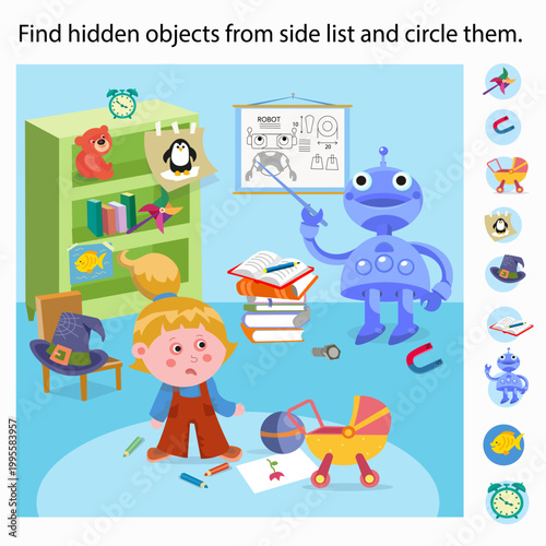 Find hidden objects from side list and circle them robot school game. Cute blue teacher android gives lesson to little girl in nursery room with books and toys. Educational vector puzzle helps