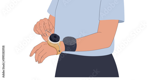 Person adjusting smart watch on wrist, modern wearable tech, health tracking device