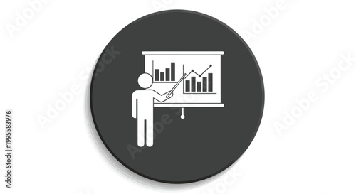 Simple white icon depicting a person presenting data analysis with bar graphs and a line chart
