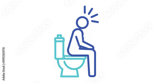 A simple blue line drawing depicts a person experiencing discomfort while seated on a toilet