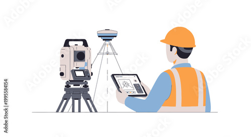 Surveyor using total station and GPS device with tablet for construction site measurement