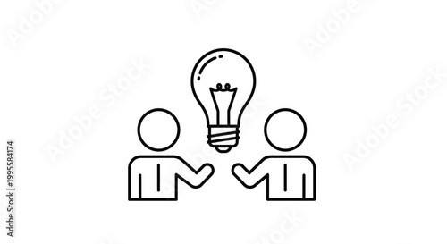 A minimalist line drawing depicts two people sharing an idea symbolized by a lightbulb