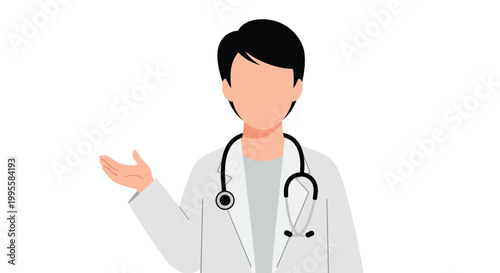 A digital illustration depicts a doctor with a stethoscope gesturing with an open palm forward