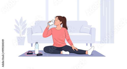 Woman drinking water after home workout, stretching on yoga mat