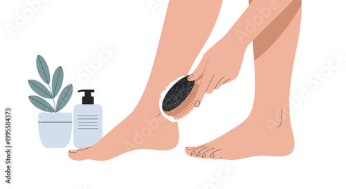 Woman exfoliating legs with a brush, skincare and beauty routine, self-care concept
