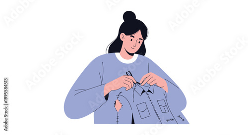 Woman sewing a ripped shirt with needle and thread, mending clothes, DIY fashion, sustainable lifestyle