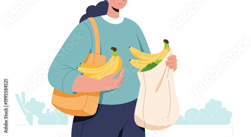 Woman with reusable bag holding bananas, healthy food shopping, sustainable lifestyle
