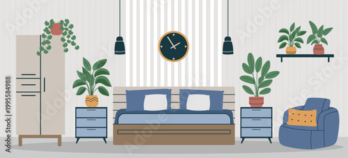 Bedroom interior background9. Concept of relax, sleeping, interiors, home. Vector hand drawn banner in flat style.