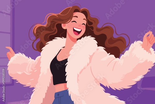 Vector The Happiness of a Woman in Furry Clothes Illustration Creative Design Template 