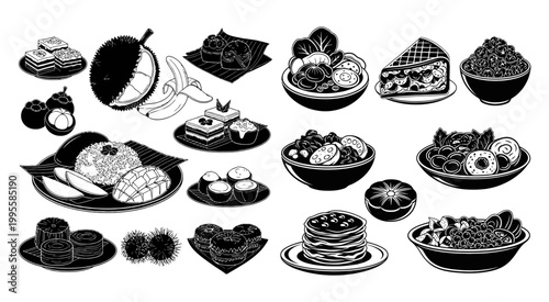 Black and white illustration set of traditional Asian food and exotic fruits