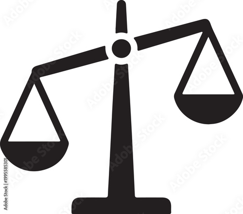 This is a black and white pictogram of a tilted balance scale, representing concepts like law, justice, and weight measurement.