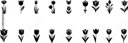 A set of Tulip flower silhouette vector. Minimalist black floral icons . Perfect tulip flowers set for designs, patterns, logos, and floral themed décor .Minimalist black floral silhouettes of tulip-i