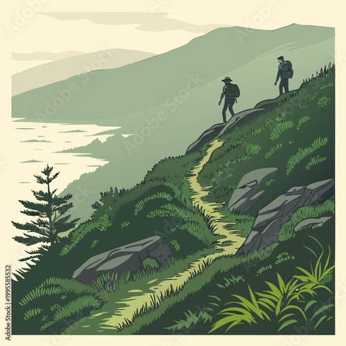 Two hikers walk along a winding trail on a green hillside overlooking a calm body of water and distant mountains high quality professional detailed modern elegant