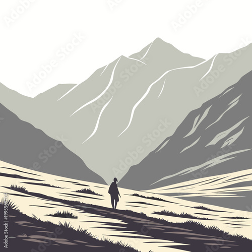 A solitary figure walks across a vast grassy plain towards imposing layered mountains under a pale muted sky high quality professional detailed modern elegant stylish clean