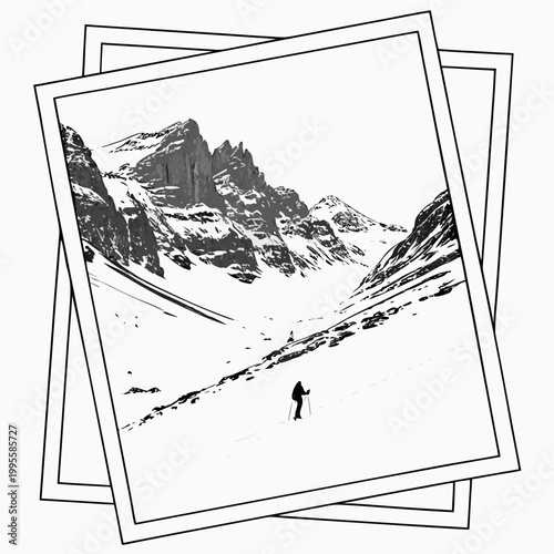 A black and white sketch depicts a lone hiker with ski poles traversing a snowy mountain landscape framed within layered rectangular borders high quality professional detailed