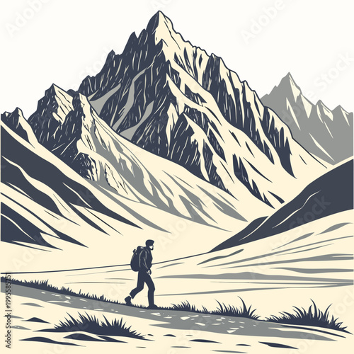 A lone hiker walks along a path towards a majestic mountain range rendered in a vintage grayscale style with a focus on shape high quality professional