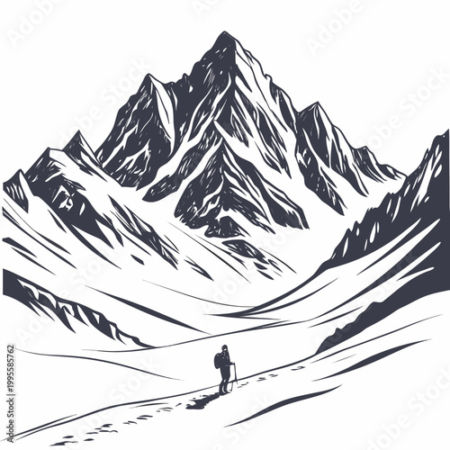 A solitary hiker ascends a steep rocky mountainside rendered in a minimalist black and white sketch style with dramatic peaks high quality professional detailed modern elegant