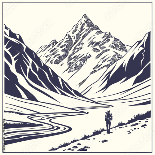 A lone hiker stands facing a winding path leading towards towering majestic mountains in a detailed black and white illustration high quality professional modern elegant stylish