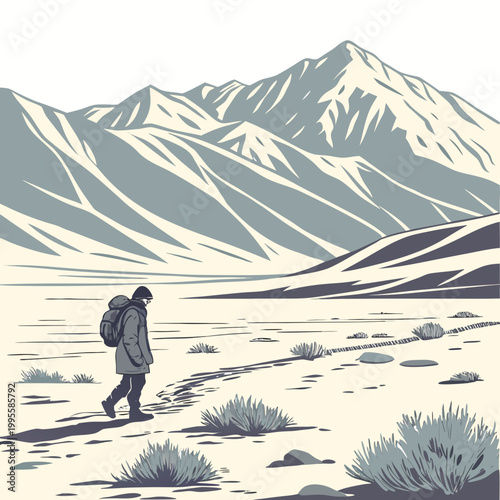 A lone hiker walks across a vast arid landscape towards distant mountains depicted in a stylized minimalist illustration style high quality professional detailed modern elegant stylish