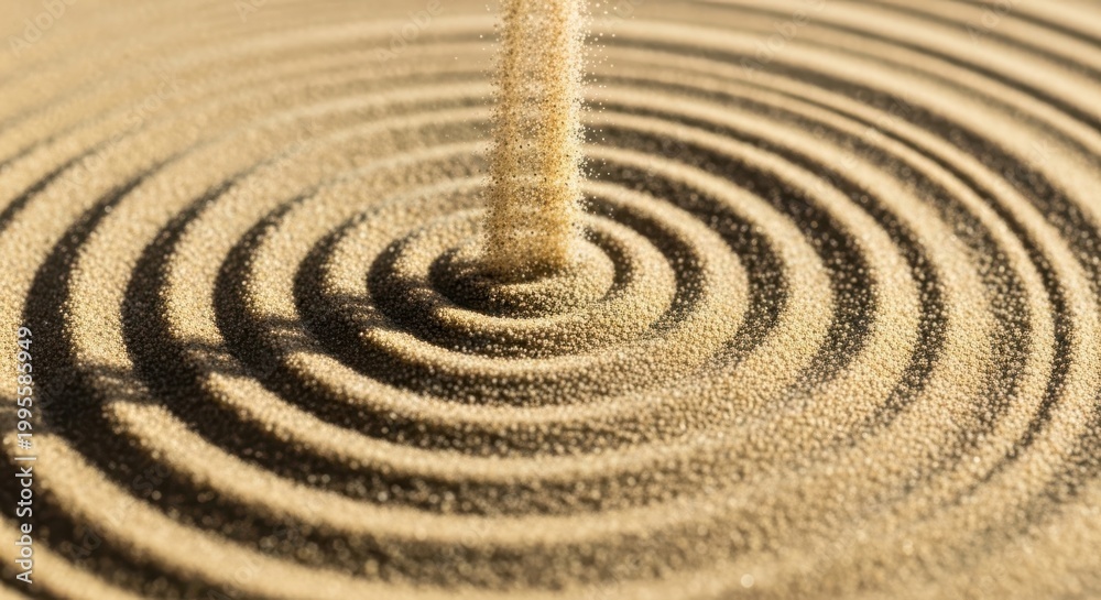 Naklejka premium Close-up macro shot of fine sand pouring into a zen garden, creating intricate concentric circular patterns