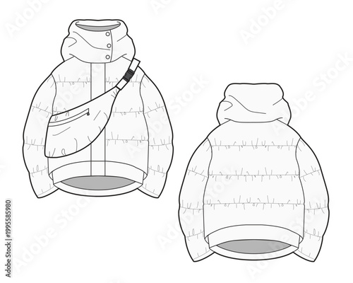 Quilted jacket front and back view flat drawing vector mockup template.
