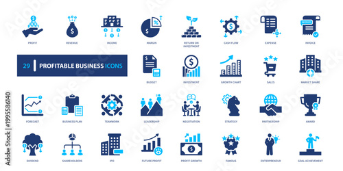 Profitable business icon set. revenue, profit, growth, finance, success. solid style icon collection.