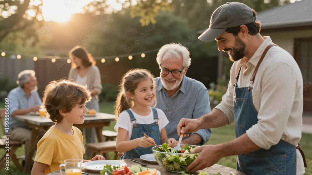 Fototapeta premium Multi-Generational Family Meal Preparation – Grandfather, Father, and Children Cooking Together in Backyard for Family Bonding and Intergenerational Connection