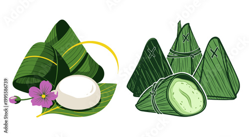 Traditional Zongzi rice dumplings wrapped in green bamboo leaves for Dragon Boat