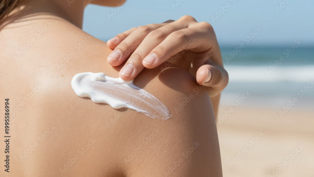 Fototapeta premium Applying Sunscreen – Close-Up of Hand Spreading Sunblock on Tanned Shoulder at the Beach for Sun Protection Awareness and Summer Health Campaigns