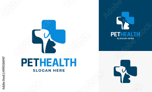 Pet health cat and dog animals combined logo design concept, Stylish help first aid negative space technology healthcare design logo