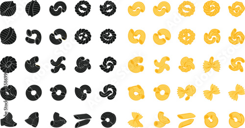 Pasta Shapes Icon Set with Hand Drawn Macaroni, Fusilli, Penne, Farfalle and Italian Food Illustrations in Black and Yellow Vector Collection