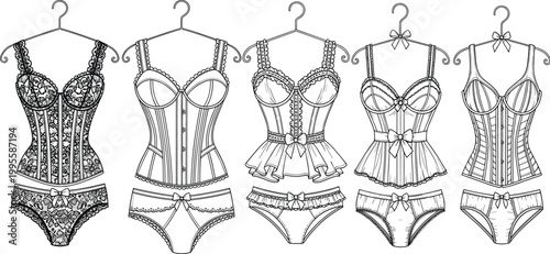Elegant Lingerie Set Collection with Lace Corsets, Bras, and Panties in Hand Drawn Style for Fashion Design, Boutique Catalogs, and Apparel Illustrations