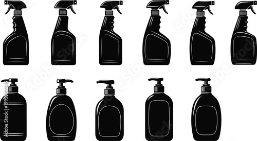 Black Silhouette Vector Set of Realistic Spray Bottles and Soap Dispenser Containers for Cleaning Products Hygiene and Household Chemical Packaging.