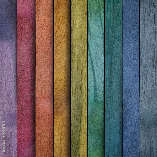 Colorful wooden background with a vibrant rainbow texture of stacked cotton fabric and silk threads in red, blue, and yellow design