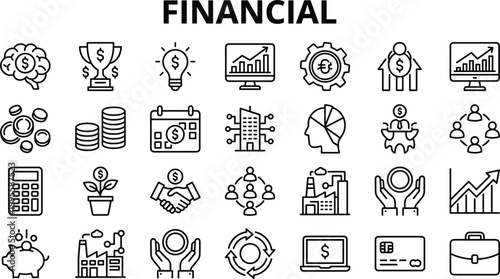 Financial business line icon set featuring money management investment growth analytics banking tools and economic symbols outline vector collection