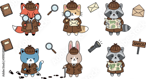 Cartoon Illustration of Detective Animals Including Fox, Cat, Raccoon, and Bunny with Magnifying Glass, Map, and Clues for Fun Mystery Designs