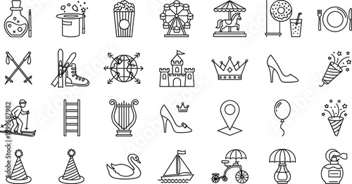 Entertainment and Leisure Line Icons Set with Carnival Magic Popcorn Ferris Wheel and Party Elements Vector Illustration