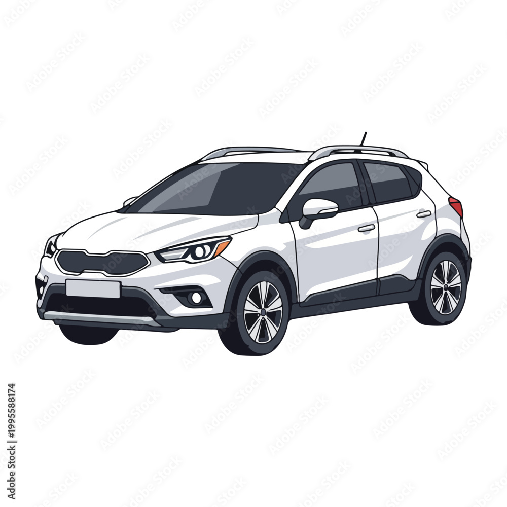 Fototapeta premium Silver SUV car with black trim and roof rack on white background