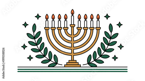 Traditional nine-branched menorah with candles and olive branches illustration Vector