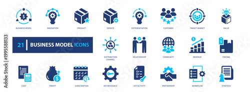 Business model icon set. strategy, value, revenue, system, framework. solid style icon collection.
