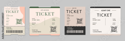 A set of VIP access ticket templates in vertical format. Minimalist vector layout with QR code and barcode for events, concerts, and festivals in a modern style with abstract shapes.
